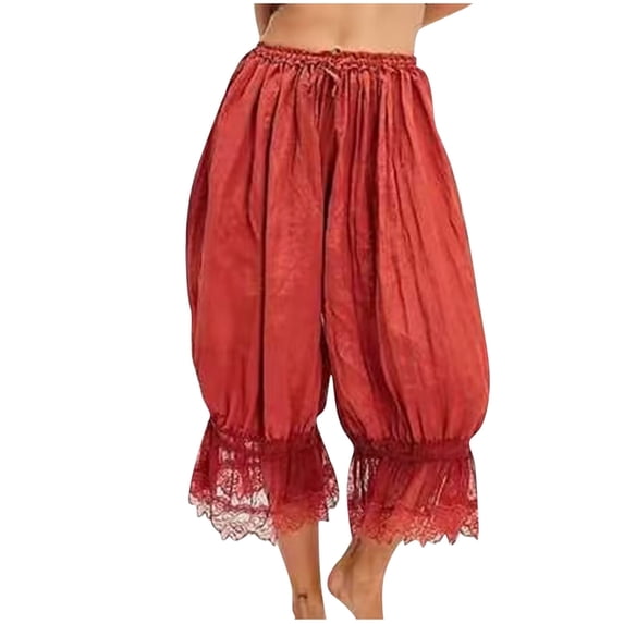 Lace Eyelet Long Bloomer Pants for Women Mid Elastic Waist Ruffle Hem Vintage Pantaloons Flared Capri Pants