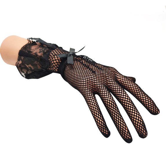 Lace Fishnet Gloves Elegant Short Courtesy Summer Gloves Wrist Length Floral Mittens for Women Girls Wedding Party Black