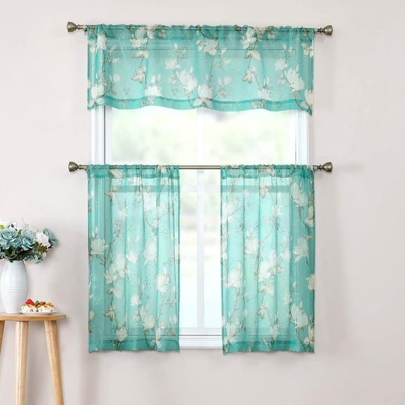 Lace Floral Kitchen Curtains Set 3 Piece for Windows Curtains Valances and Tier Curtains 69 Inch Width, Rod Pocket Drapes Abstract Printed Curtains for Living Room Bedroom Bathroom