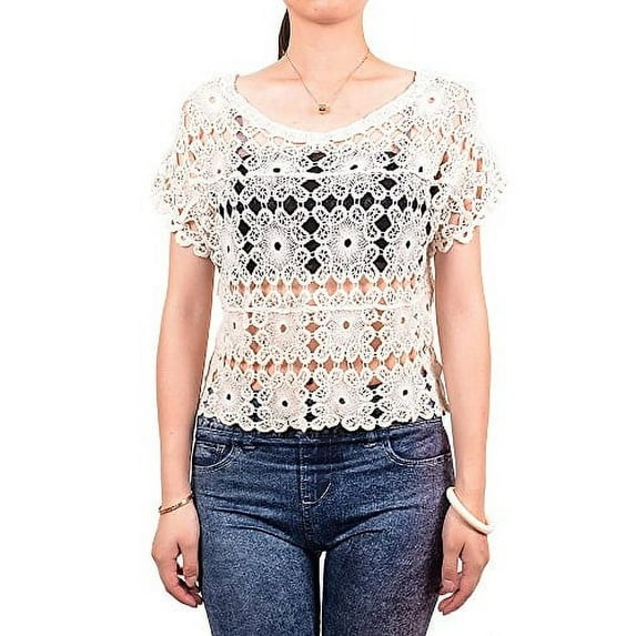 Lace Floral Sleeveless Mesh Crochet Cotton Top Shirt Blouse (Ivory)