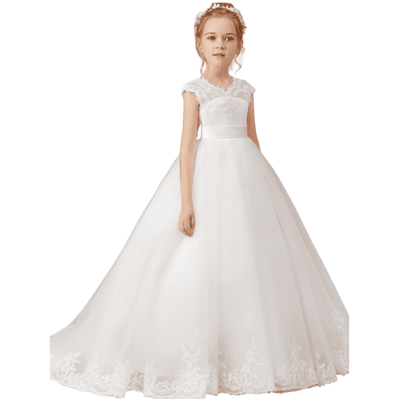 Lace Flower Girl Dress First Communion Dress Princess Pageant Evening Gown Elegant for Weddings Special Occasions (Ivory 14 -15Years）