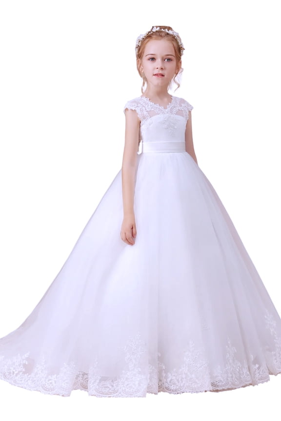 Lace Flower Girl Dress First Communion Dress Princess Pageant Evening Gown Elegant for Weddings Special Occasions (White 14 -15Years)