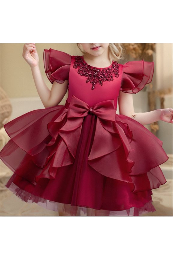 Lace Flower Sleeveless Gown Dress with Bow Decoration for Girls, Kids Wedding Bridesmaid Pageant Party Formal Long Gown Princess Tulle Floral Embroidery Girl Birthday Party Dresses - 2-10T