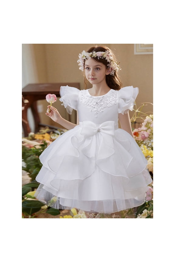 Lace Flower Sleeveless Gown Dress with Bow Decoration for Girls, Kids Wedding Bridesmaid Pageant Party Formal Long Gown Princess Tulle Floral Embroidery Girl Birthday Party Dresses - 2-10T