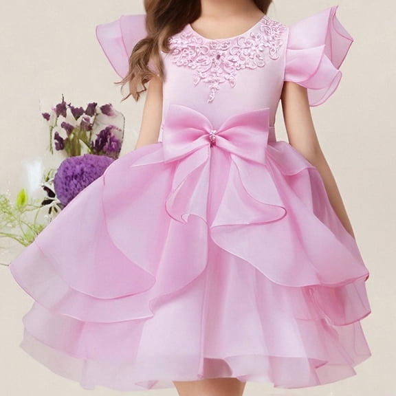 Lace Flower Sleeveless Gown Dress with Bow Decoration for Girls, Kids Wedding Bridesmaid Pageant Party Formal Long Gown Princess Tulle Floral Embroidery Girl Birthday Party Dresses - 2-10T