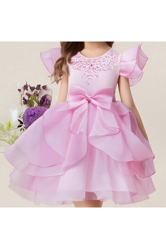 Lace Flower Sleeveless Gown Dress with Bow Decoration for Girls, Kids Wedding Bridesmaid Pageant Party Formal Long Gown Princess Tulle Floral Embroidery Girl Birthday Party Dresses - 2-10T