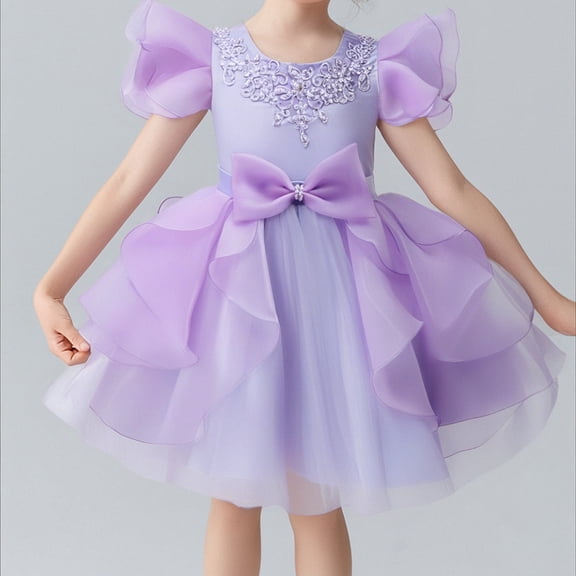 Lace Flower Sleeveless Gown Dress with Bow Decoration for Girls, Kids Wedding Bridesmaid Pageant Party Formal Long Gown Princess Tulle Floral Embroidery Girl Birthday Party Dresses - 2-10T