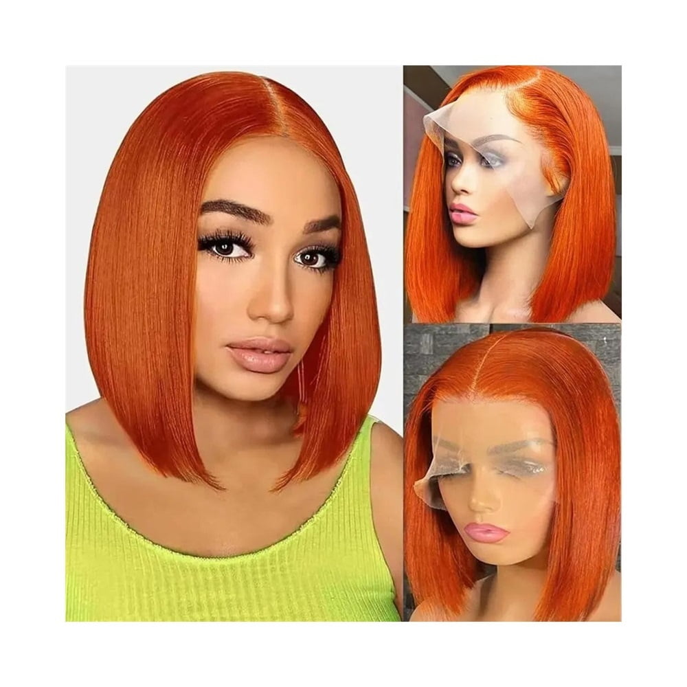 Lace Front Short Wig Orange Ginger Straight T Part Lace Transparent Frontal Wigs Human Hair