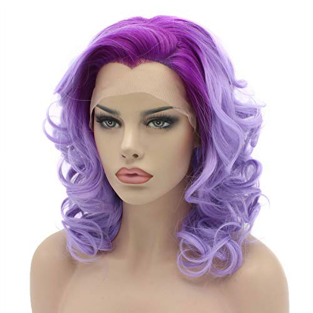 Lace Front Synthetic Wig Medium Length 16inch Purple Root Light Purple
