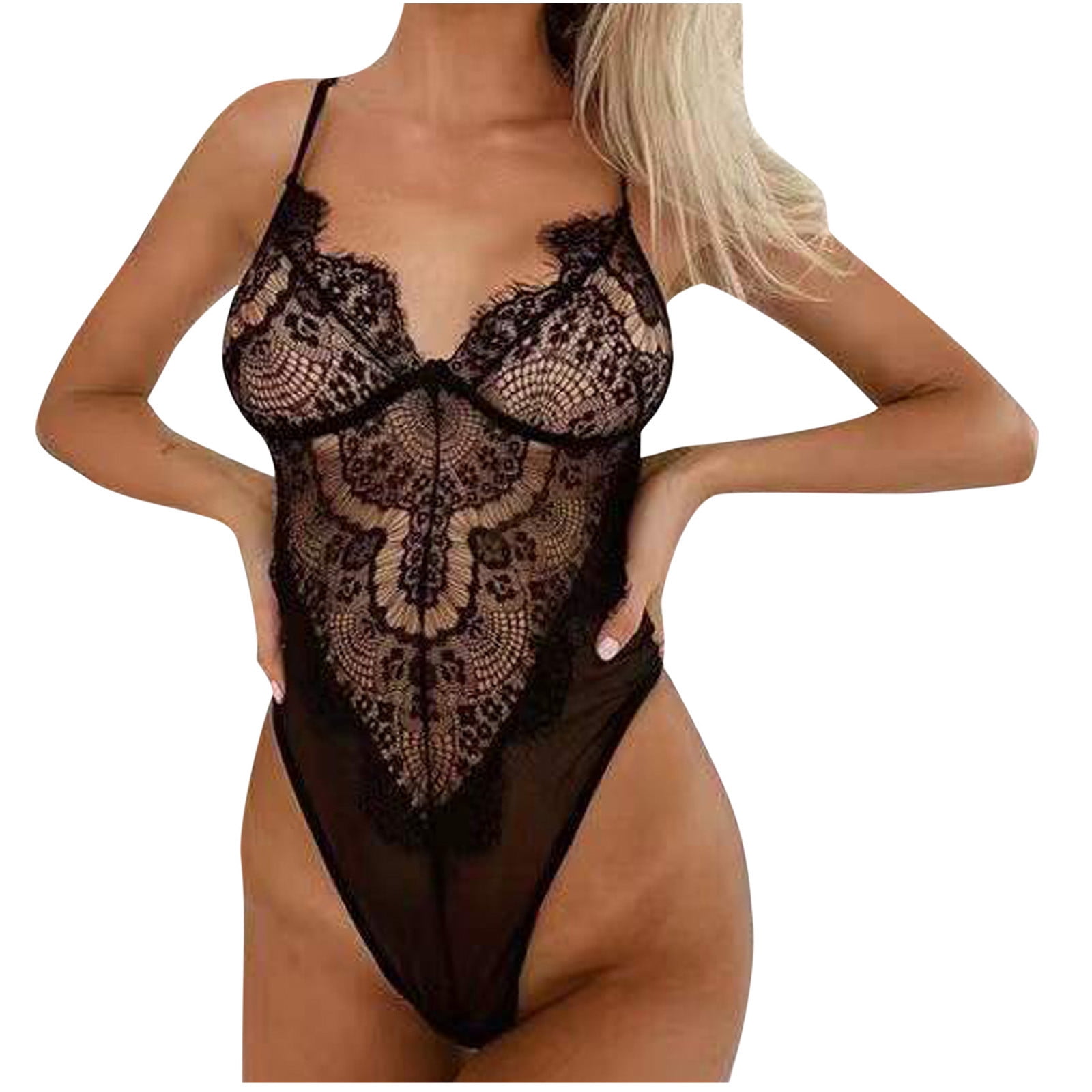Womens Cutout Strappy Lingerie 2-Piece Lingerie Set with Body/Ouvert Body  and Sat Deep V Teddy Deep V Halter Deep V Halter Cut Out Panty Lingerie Set  Push Up Strappy Bra and Panty