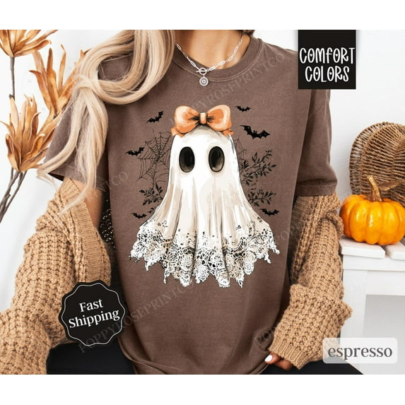 Lace Ghost Shirt Halloween Tshirt, Women's Holiday Tee, October Vibes Shirt, Spooky Season Tee, Retro Ghost Tee, Gift for Her