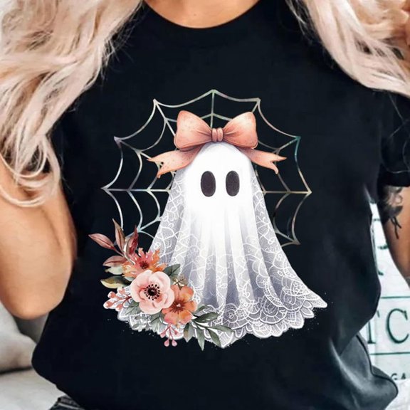 Lace Ghost Tshirt Spooky Coquette T-Shirt Girly Ghost Orange Bow T Shirt Lacey Ghost Tee, Spooky Season Top Outfit, Cute Ghost Shirt