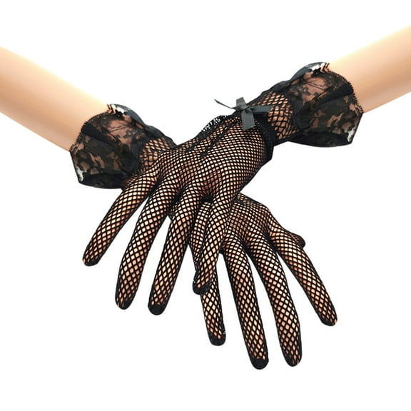 Lace Gloves Elegant Short Courtesy Summer Fishnet Gloves Wrist Length Floral Mittens for Women Girls Wedding Party Black