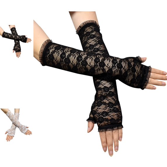 GPOECD Lace Gloves Women Long Fingerless Bridal Elbow Length Floral Wedding Opera Tea Party Mittens