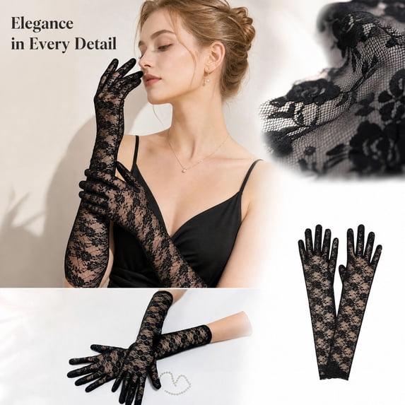Lace Gloves for Women, Tea Party Long Elegant Opera Lace Gloves Costume Floral Pattern Arm Elbow Length