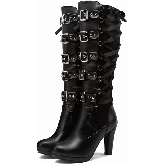 Lace Goth Knee High Boots for Womens Fashion Buckle Block Heel Lace Up Knee Boots for Nightclub Punk Platform Back Zipper Riding Combat Booties