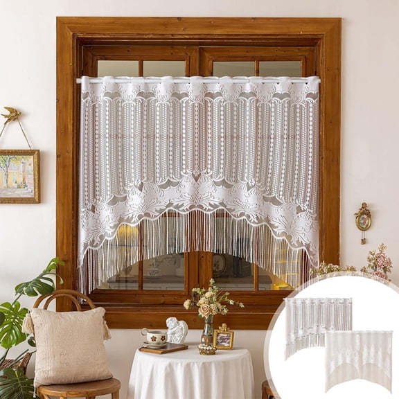 Lace Half Curtain Shade White Polyester 150x120cm Sheer Rod Pocket Panel for Kitchen, Bathroom, Living Room, Bedroom Doorway Easy Install, Washable, Light Filtering
