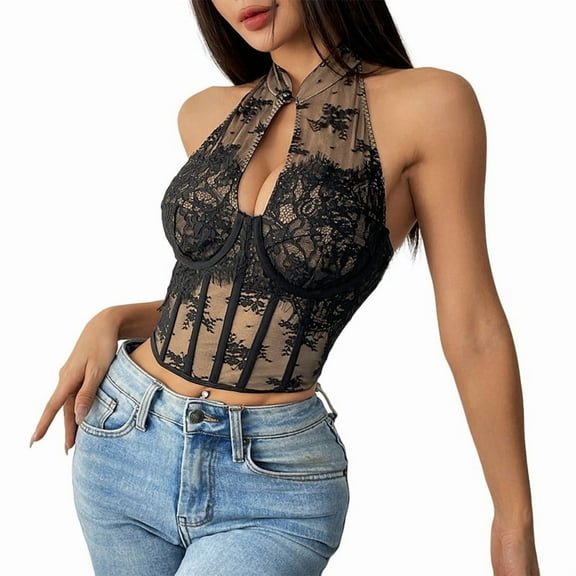 Lace Halter Back Short Top for Women Chinese Cheongsam Style Halter Neck Tube Top Black L
