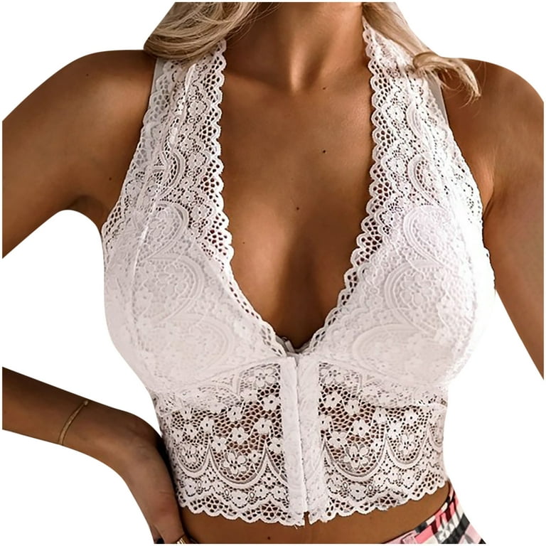 Lace Halter Bra Bralette Top Hook and Eye Closure Back Wirefree Lace Bra  Hollow Out Underwear Top 