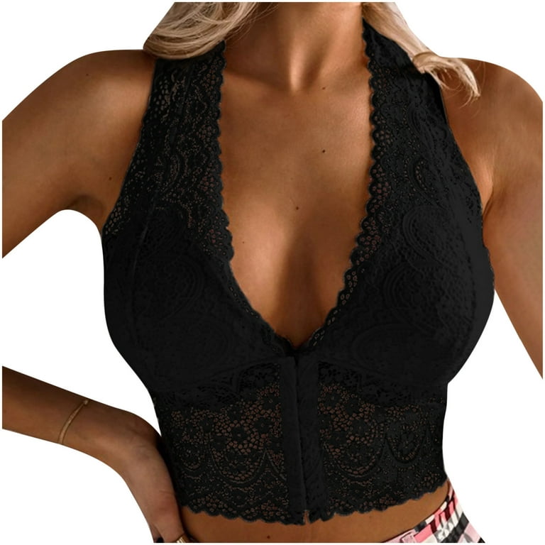 Lace Halter Bra Bralette Top Hook and Eye Closure Back Wirefree Lace Bra  Hollow Out Underwear Top