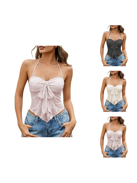 Lace Halter Tops for Women Bow Knot Front Backless Asymmetrical Y2k Cropped Going out Camisole Tank Top