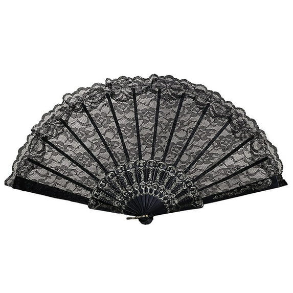 Lace Handheld Folding Fan Embroidered Flower Bridal Hand Fan Chinese Japanese Vintage Fan for 1920s Costume Wedding Dancing Tea Party (1, Black)
