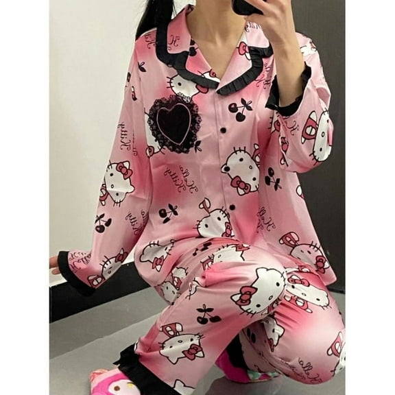 Lace Hello Kitty Sweet Pajamas Women's Spring and Autumn New Long Sleeve Ins Style Casual Student Home Clothes Set for Outerwear