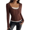 thumbnail image 1 of Lace Henley T-Shirts for Women Button Down Slim Fit Tops Long Sleeve V-Neck Tunic Top Blouse Brown XL, 1 of 9