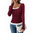 thumbnail image 1 of Lace Henley T-Shirts for Women Button Down Slim Fit Tops Long Sleeve V-Neck Tunic Top Blouse Wine Red S, 1 of 9