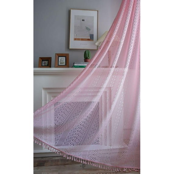 Lace Hollow Crochet Curtains Boho Sheer Curtain Valance Window Treatment for Kitchen Cafe, Tier with Handmade Tassels Rod Pocket