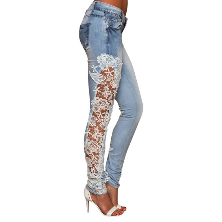Lace Hollow Out Floral Appliques Skinny Pencil Jeans for Women Stretch Sexy  Low Rise Slim Denim Pants Trousers