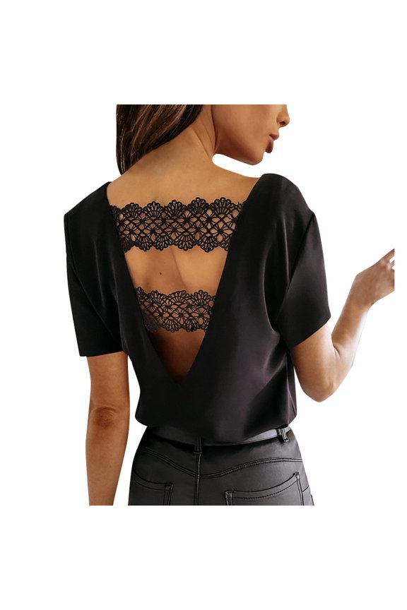Lace Hollow Sleeve Blouse for Women Casual Slim Fit Short Fashion Solid Tops, S, Black