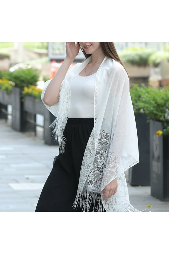 Lace Hollow Tassel Shawl Elegant Dress Shawl for Party,White