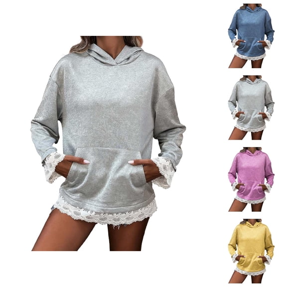 Lace Hoodies for Women 2025 Fall Winter Long Sleeve Cute Lace Trim Hooded Sweatshirt with Pockets Pullover Tops