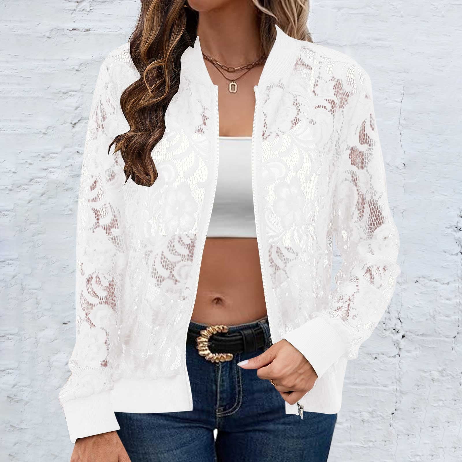 Lace Jackets for Women Hollow Out Full Zipper Long Sleeve Bomber