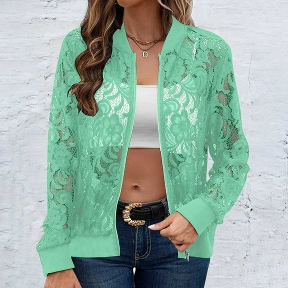 Lace Jackets for Women Hollow Out Full Zipper Long Sleeve Bomber Coats Ladies Trendy Solid Breathable Outerwear Jacket Fall