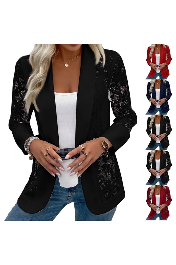 Lace Jackets for Women Solid Color Elegant Open Front Cardigan Lightweight Crochet Blazers Black 2XL