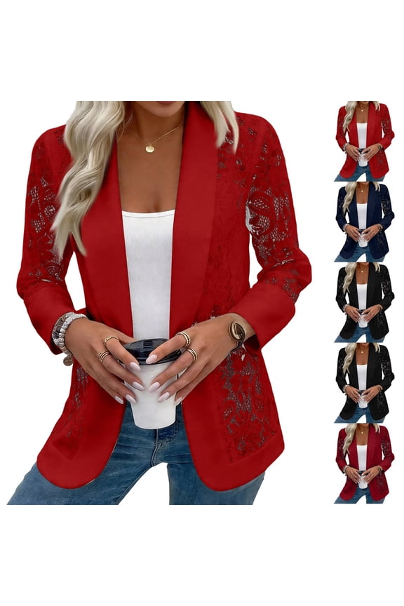 Lace Jackets for Women Solid Color Elegant Open Front Cardigan Lightweight Crochet Blazers Red L