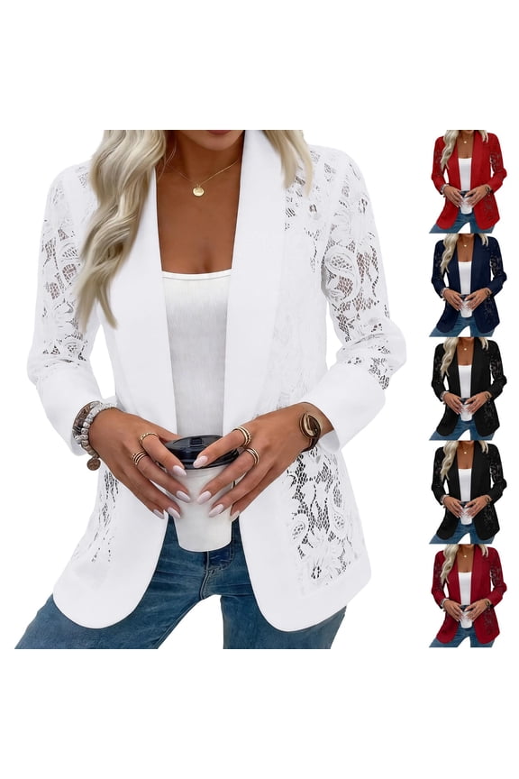 Lace Jackets for Women Solid Color Elegant Open Front Cardigan Lightweight Crochet Blazers White L