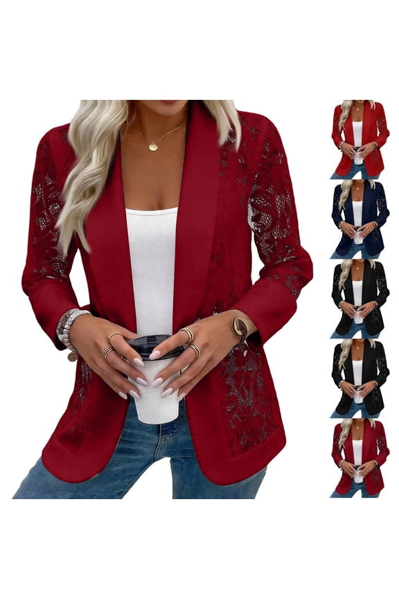 Lace Jackets for Women Solid Color Elegant Open Front Cardigan Lightweight Crochet Blazers Wine 2XL