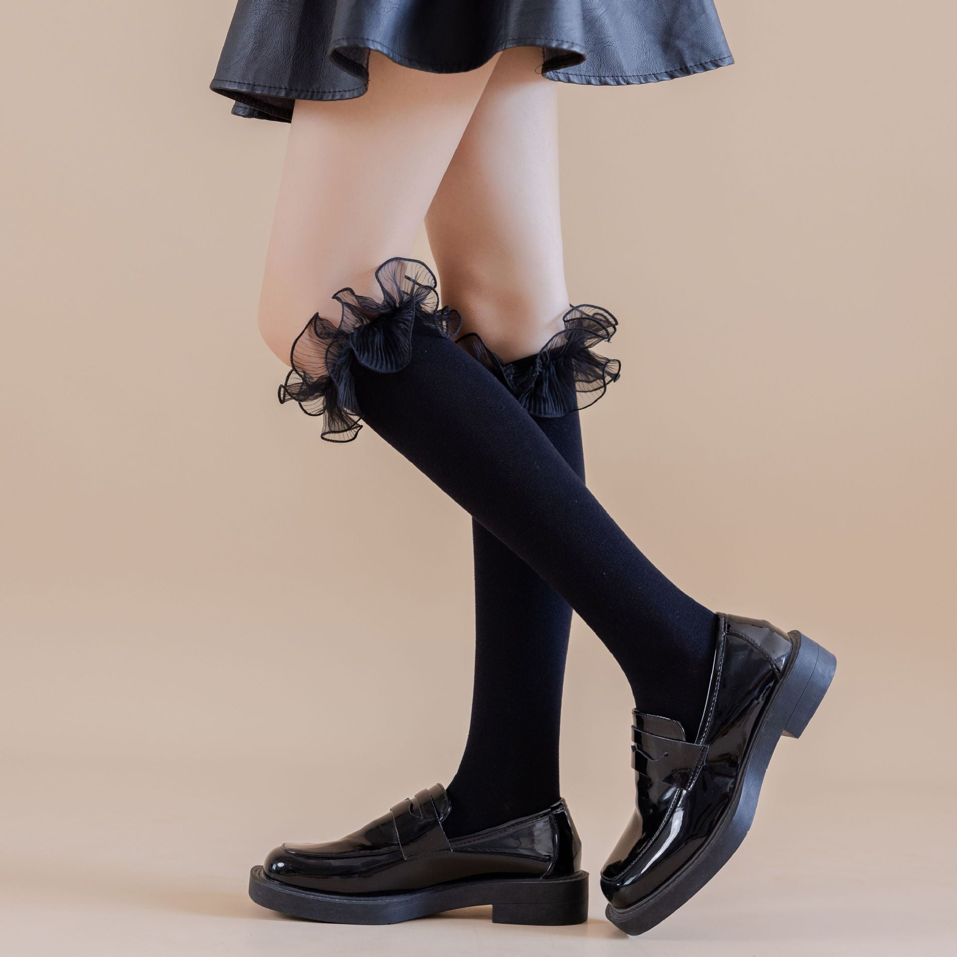 Lace Knee High Socks Lace Pile Middle Socks Ruffle Velvet Socks Black lace-knee-high-socks-lace-pile-middle-socks-ruffle-velvet-socks-black