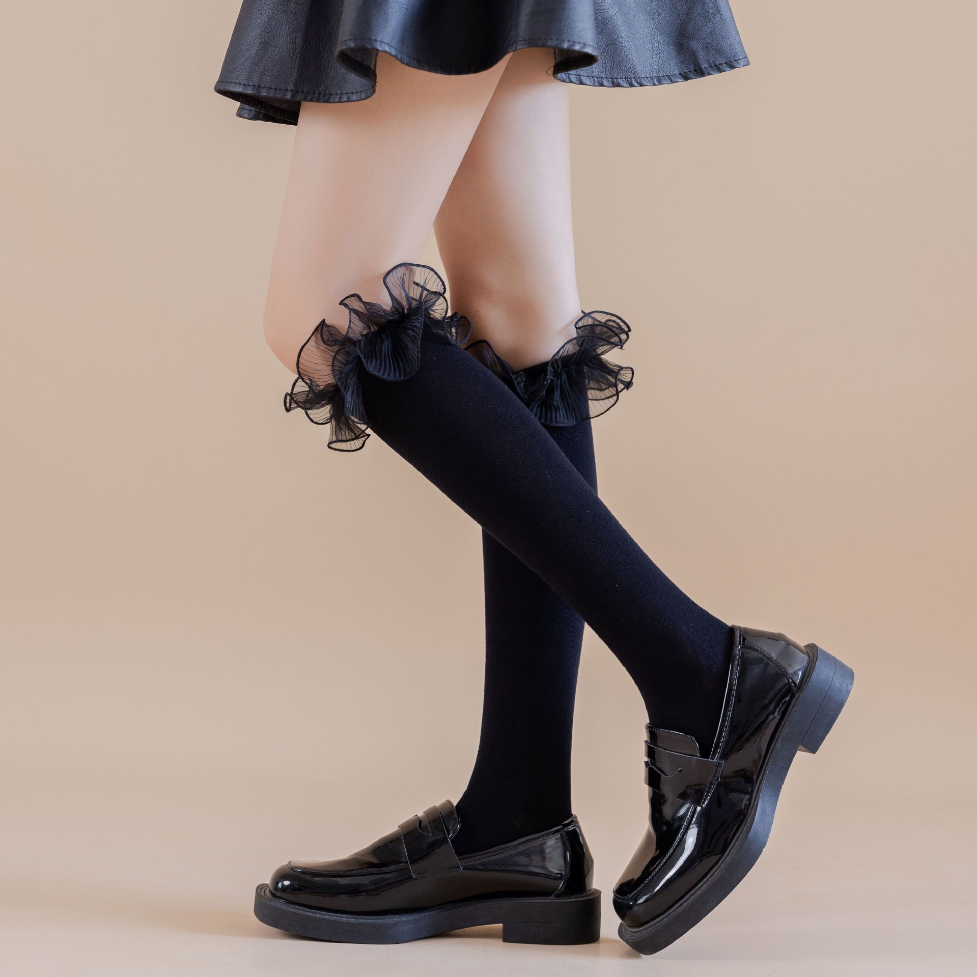 Lace Knee High Socks Lace Pile Middle Socks Ruffle Velvet Socks Black 