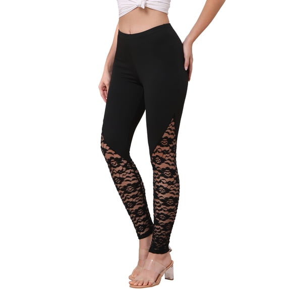 Lace Leggings for Women See Through Stretchy Elastic Waist Slim Fit Skinny Pants Trousers M Black