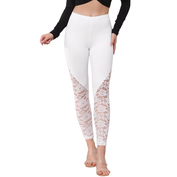 INSPIRE CHIC Women's Floral Lace Leggings High Waist Patchwork Skinny Pants White M