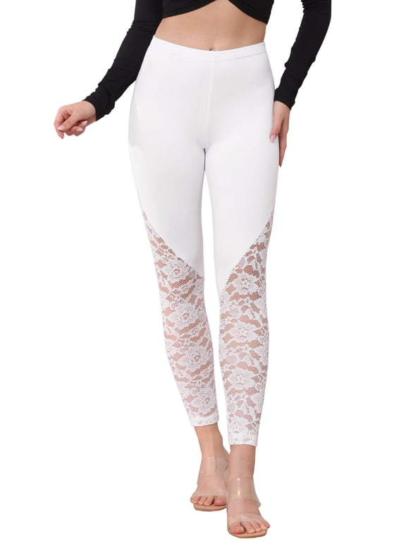Women's Floral Lace Leggings High Waist Patchwork Skinny Pants White XL