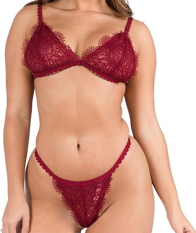 Lace Lingerie Set Sexy Bralette Thong Two Piece Sheer Lace Bra Panty Set Romantic See Through