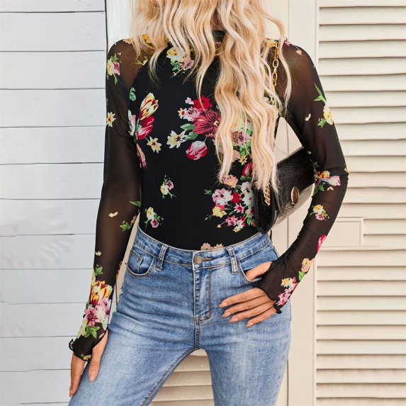 Lace Long Sleeve Mesh Mockneck Trendy Cute Going Out Tops for Women Fall Fashion Outfits 2025 Clothes