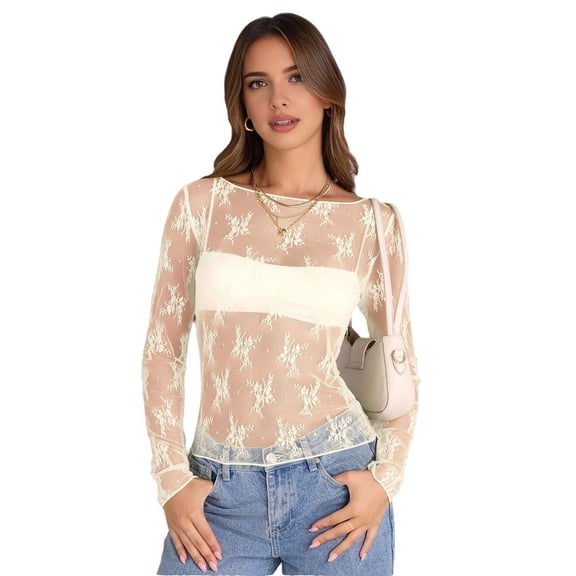Womens Lace Long Sleeve Boat Neck Tops Embroidery Sheer Blouse Sexy See Through Shirt Mesh Top Beige L