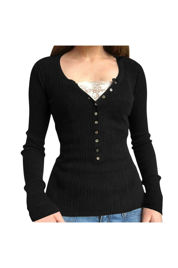 Lace Long Sleeve Tops Womens Casual Ribbed Blouses Button Down Tunics Pullover Layer Soft Going Out Knit Top, Black M