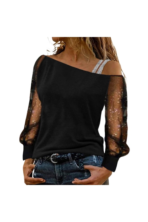 Lace Long Sleeve Tops for Women Ciffon Women's Clothing Mesh Off the Shoulder Womens Clothes Lightweight Ladies Tops And Blouses Black